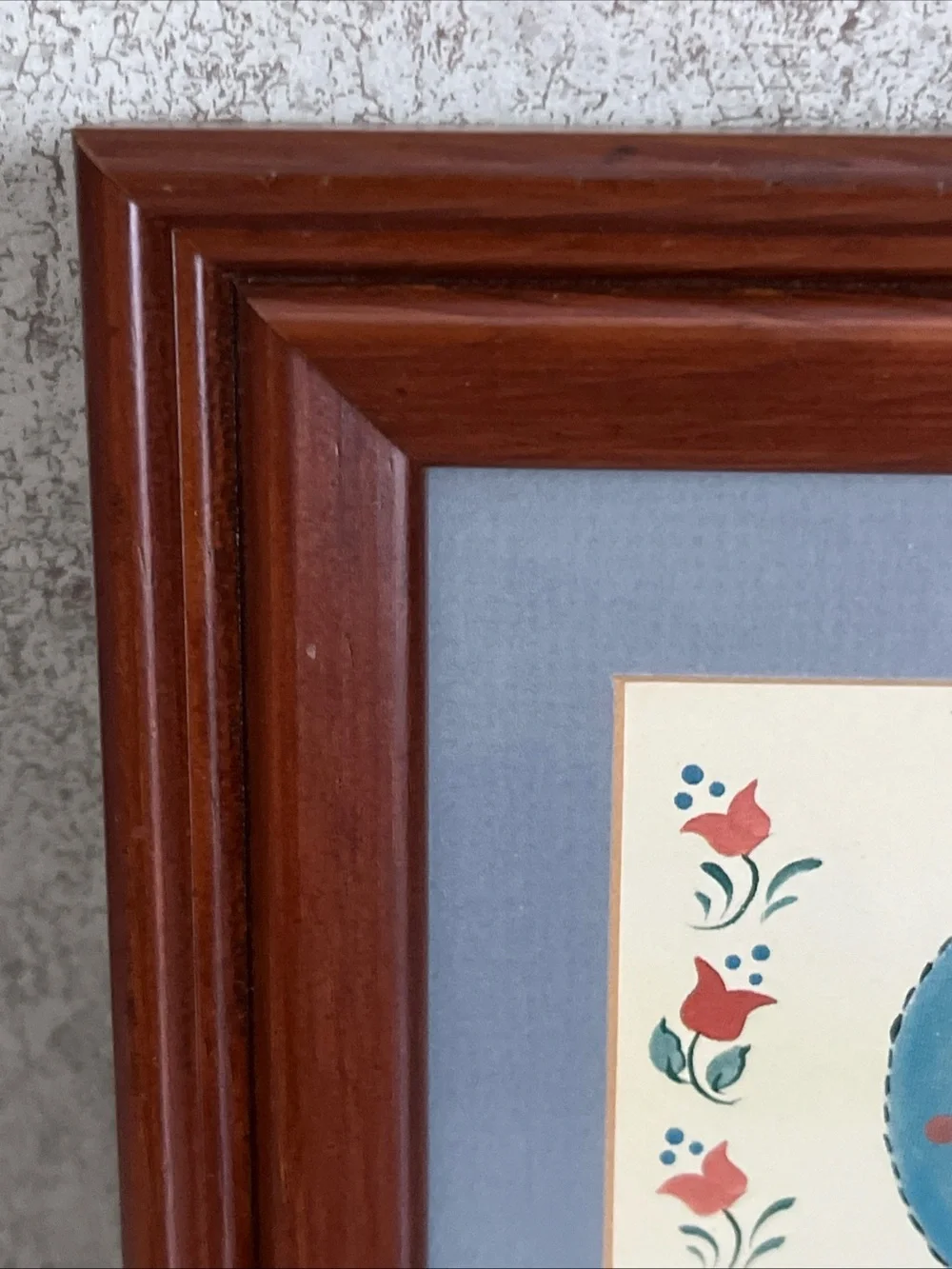 Wooden Framed Folk Art Blue Heart Print Pennsylvania Dutch Americana Signed 9x8